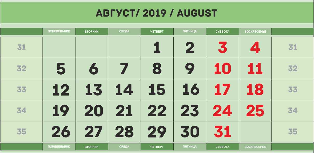 сетка для календаря на август 2019 год